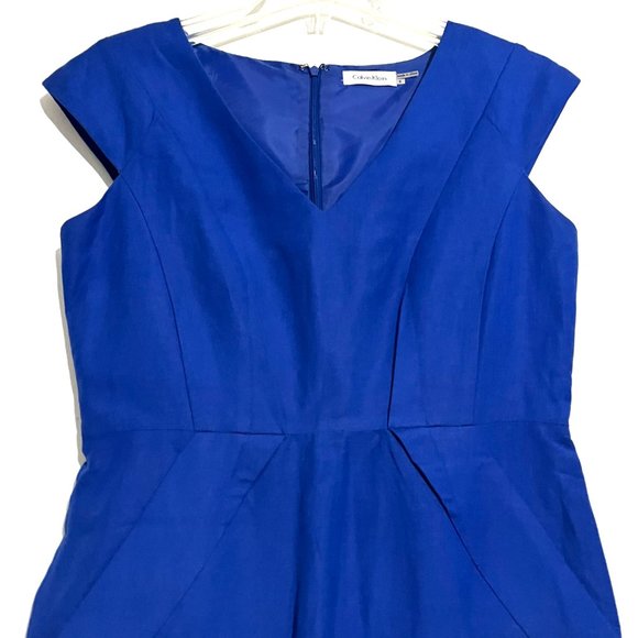 Classic Blue Linen-Blend Career Sheath Dress with Side Pockets - Picture 7 of 17